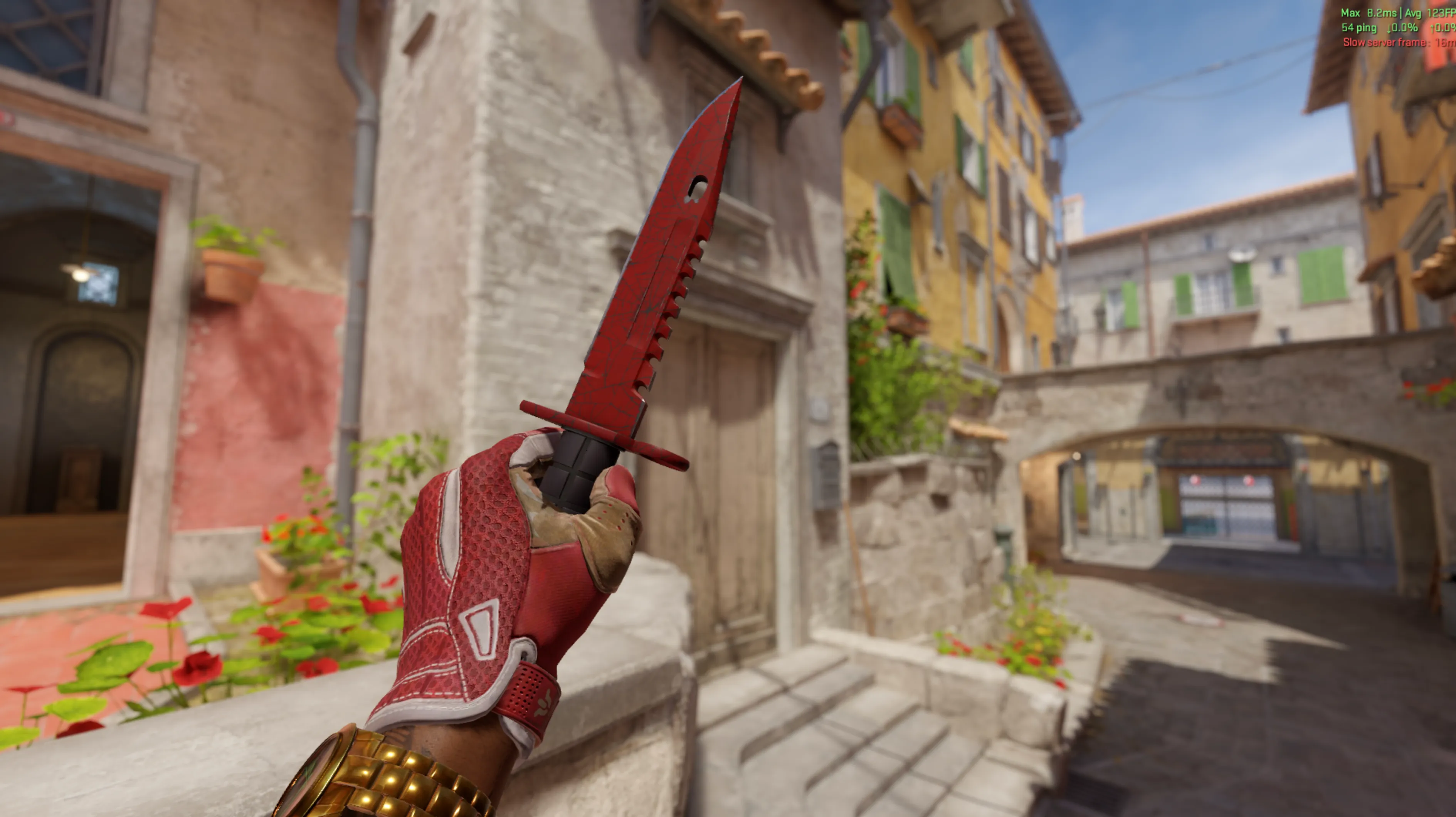 M9 Bayonet Crimson Web and Sport Gloves Slingshot